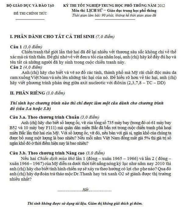 Lộ đề thu tốt nghiệp môn lịch sử là tin vịt