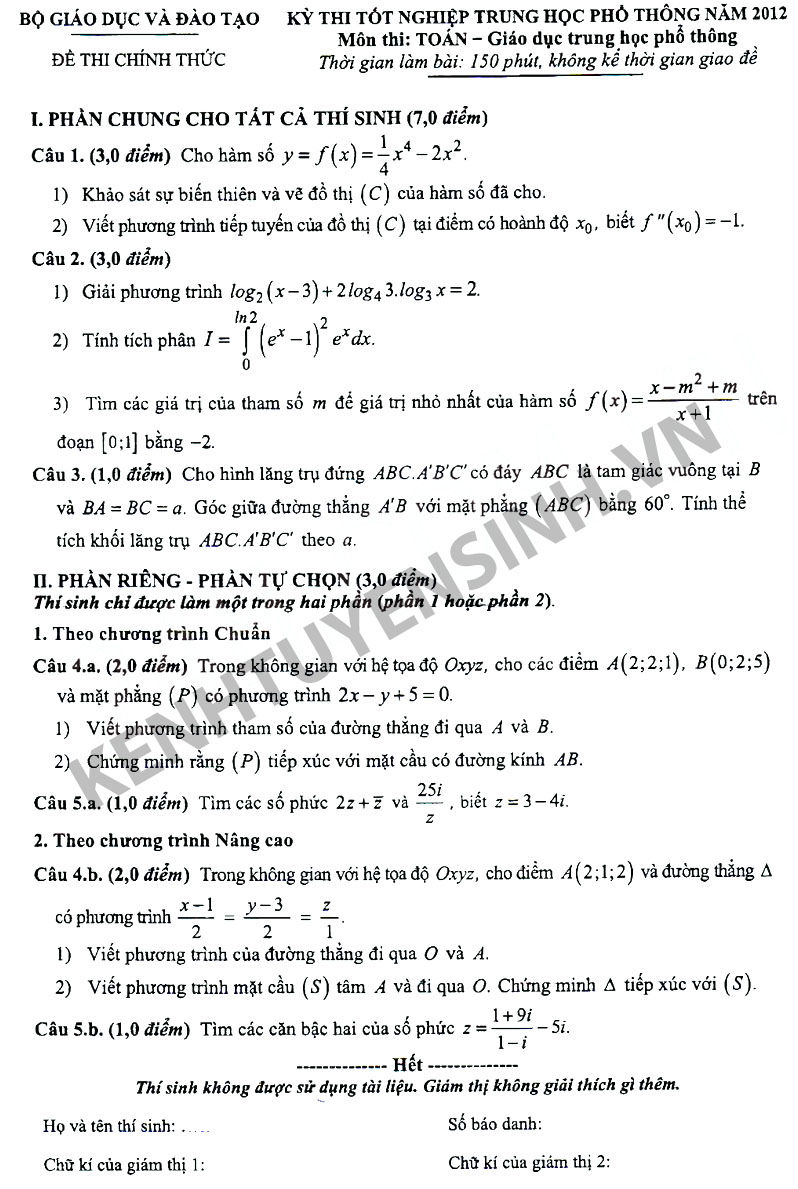 Gợi ý đáp án đề thi tốt nghiệp THPT Môn Toán Gợi ý đáp án đề thi tốt nghiệp THPT Môn Toán