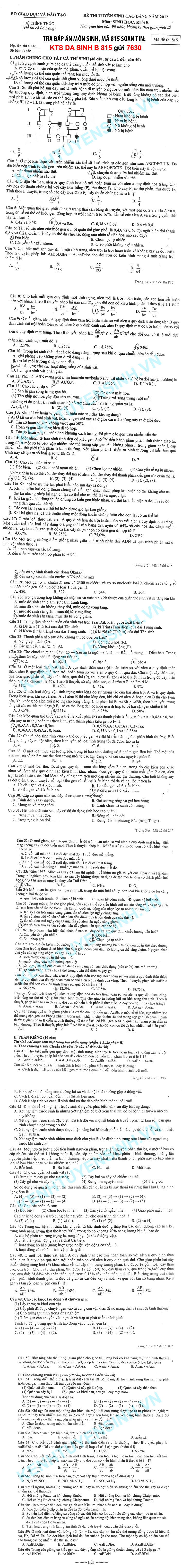 Xem đề thi môn Sinh khối B mã đề 815