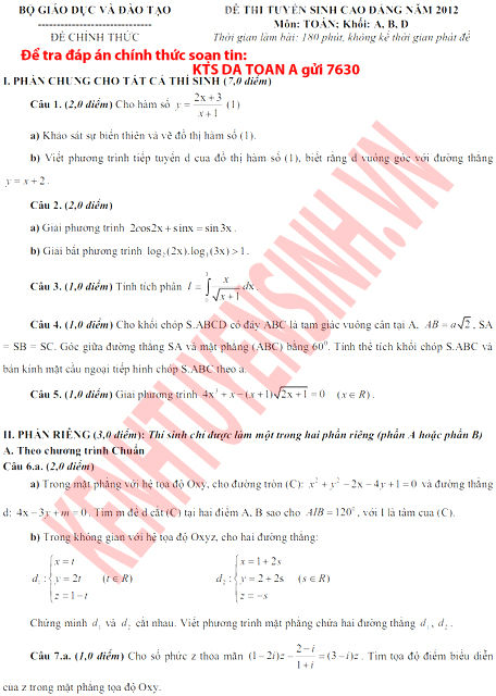 Đáp án Đề thi Cao Đẳng môn Toán khối A - Ảnh 1
