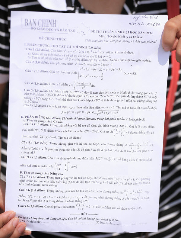 Đề thi đại học môn toán Đề thi đại học môn toán