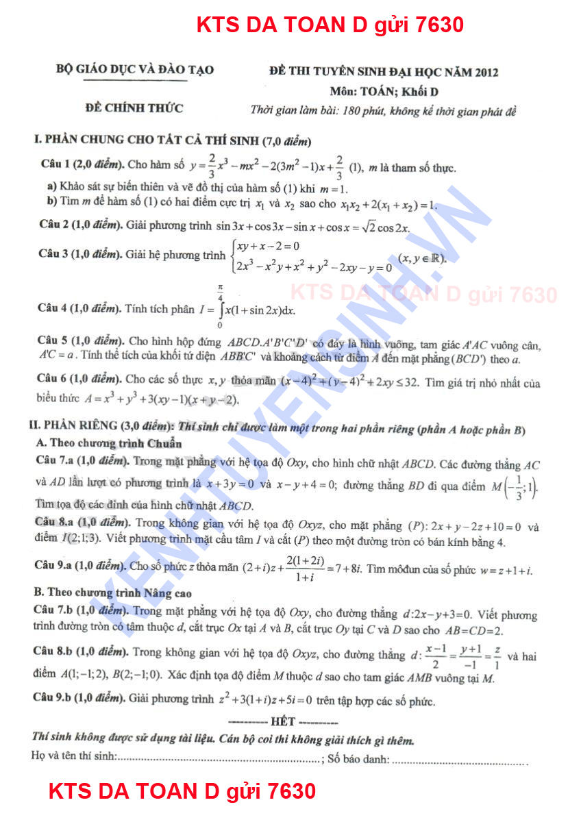 Đề thi môn toán khối D năm 2012