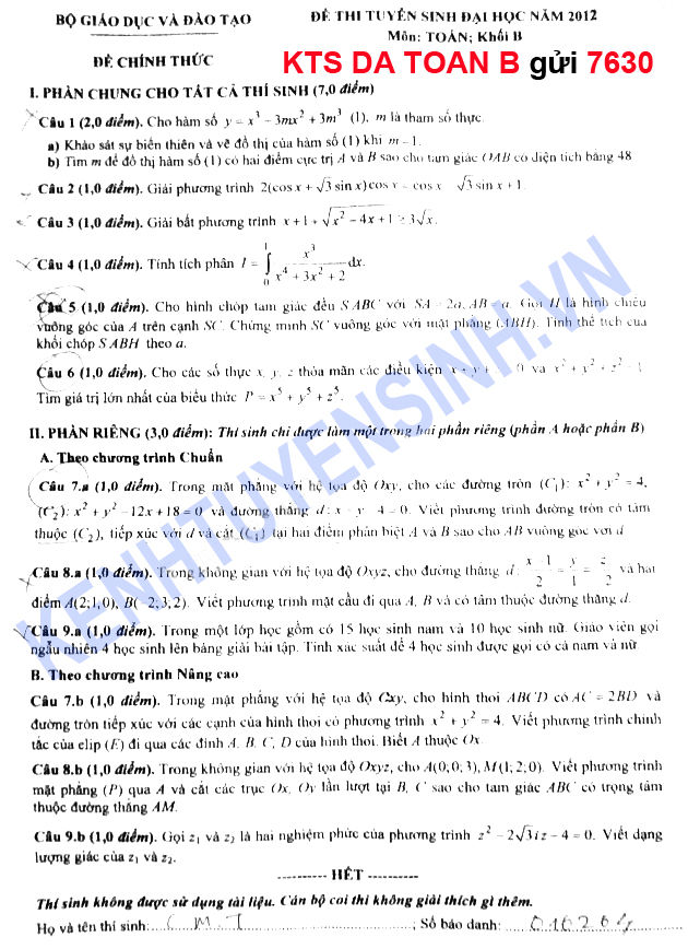Đề thi đai học môn toán khối B năm 2012