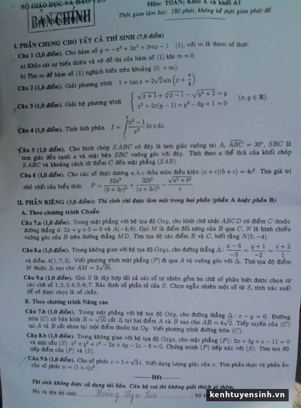 Đề thi đại học môn Toán khối A năm 2013