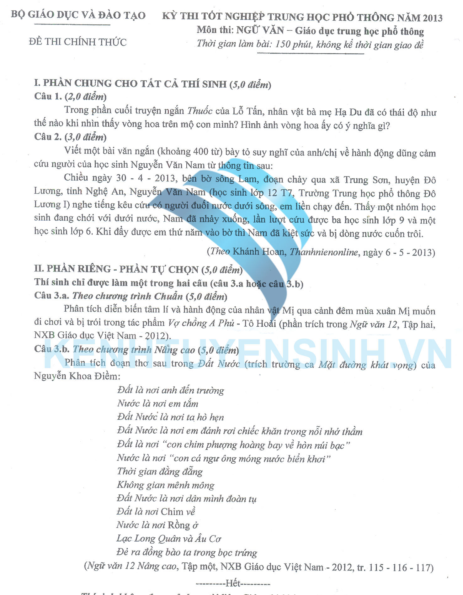 Đáp án đề thi tốt nghiệp môn văn 2013