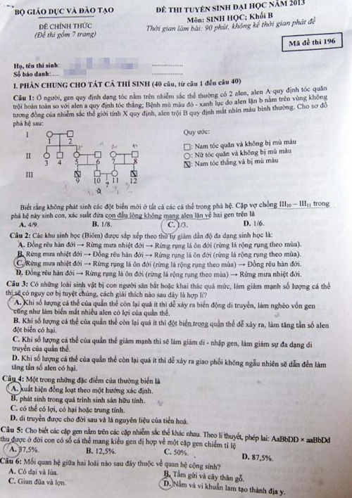 Đáp án đề thi đại học môn Sinh khối B năm 2018: Mã đề 196 - Ảnh 1