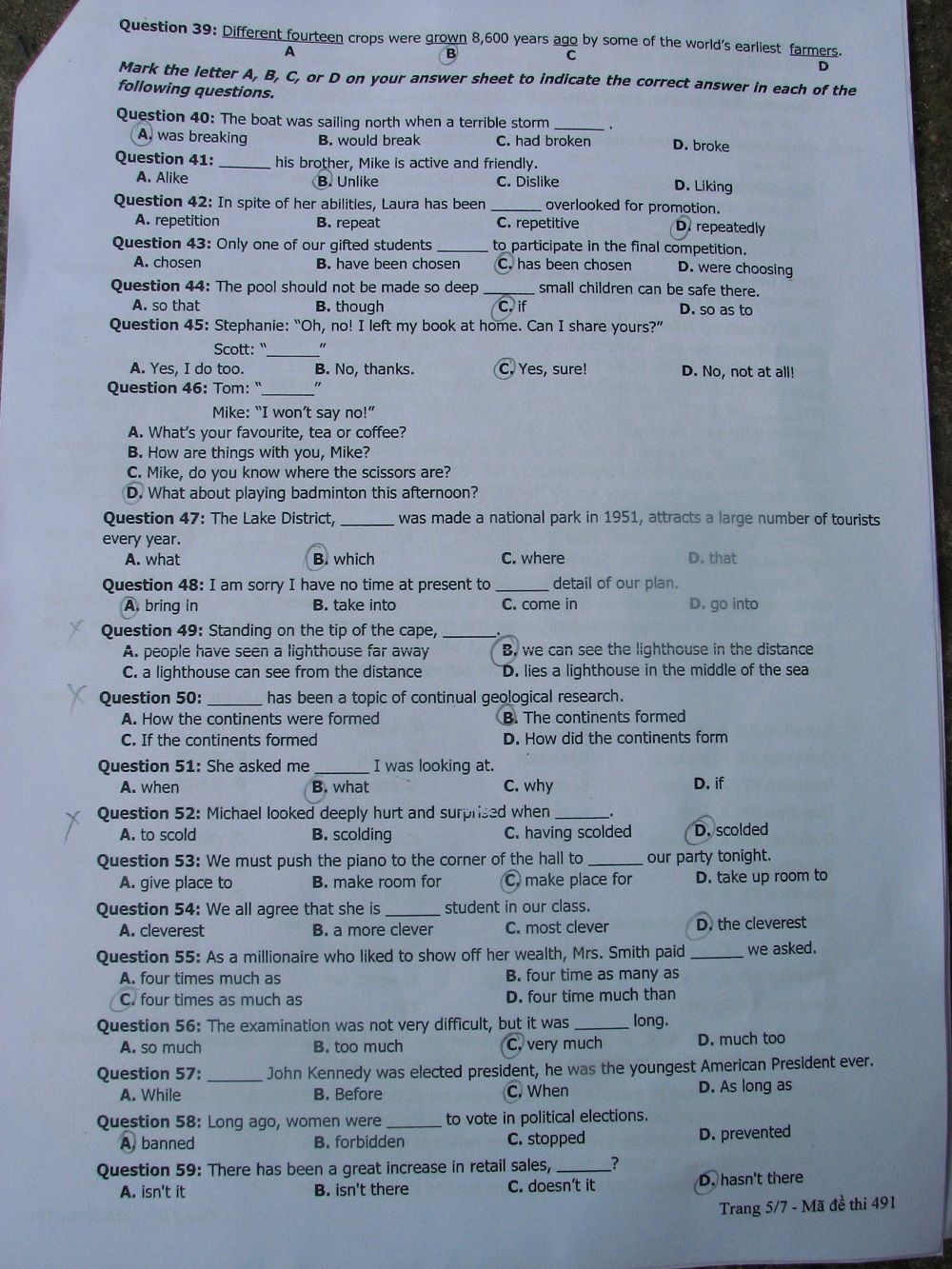 Đáp án đề thi đại học môn Tiếng Anh khối D năm 2013