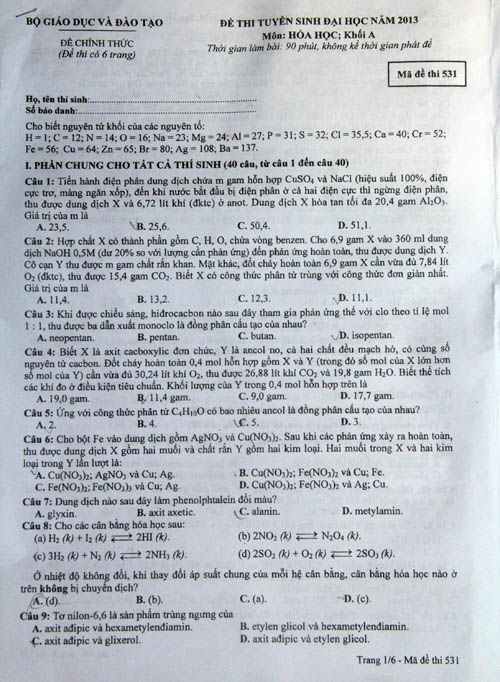 Đề thi & đáp án môn tiếng anh và Hoá học sáng nay - Ảnh 1