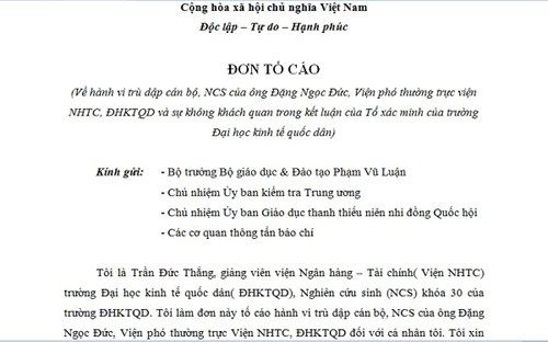 Đơn tố cáo viện phó Đại học Kinh tế quốc dân
