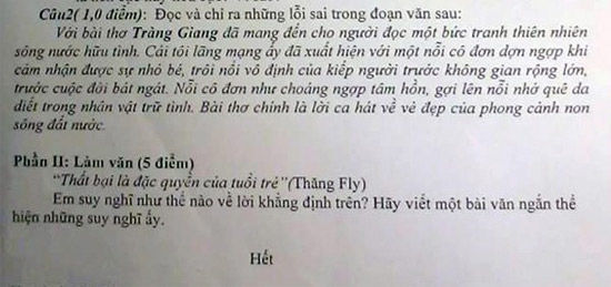 Đề thi yêu cầu học sinh bày tỏ quan điểm về thông điệp "Thất bại là đặc quyền của tuổi trẻ" của Thăng Fly. Đề thi yêu cầu học sinh bày tỏ quan điểm về thông điệp "Thất bại là đặc quyền của tuổi trẻ" của Thăng Fly.