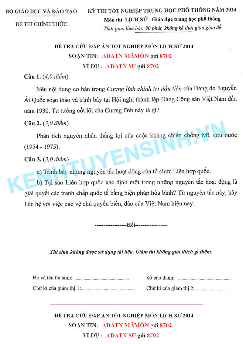Đề thi tốt nghiệp thpt môn sử 2014