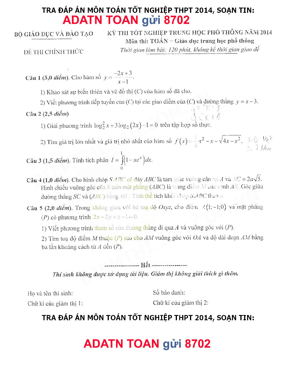 Đề thi tốt nghiệp thpt môn toán 2014 Đề thi tốt nghiệp thpt môn toán 2014
