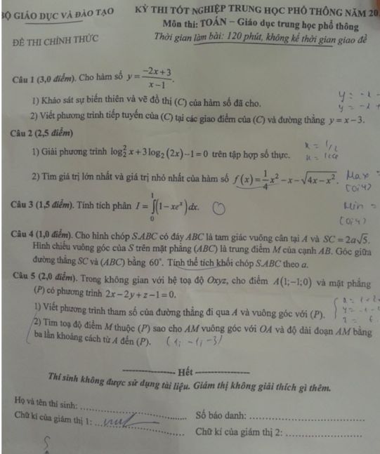 Đề thi tốt nghiệp môn Toán năm 2014