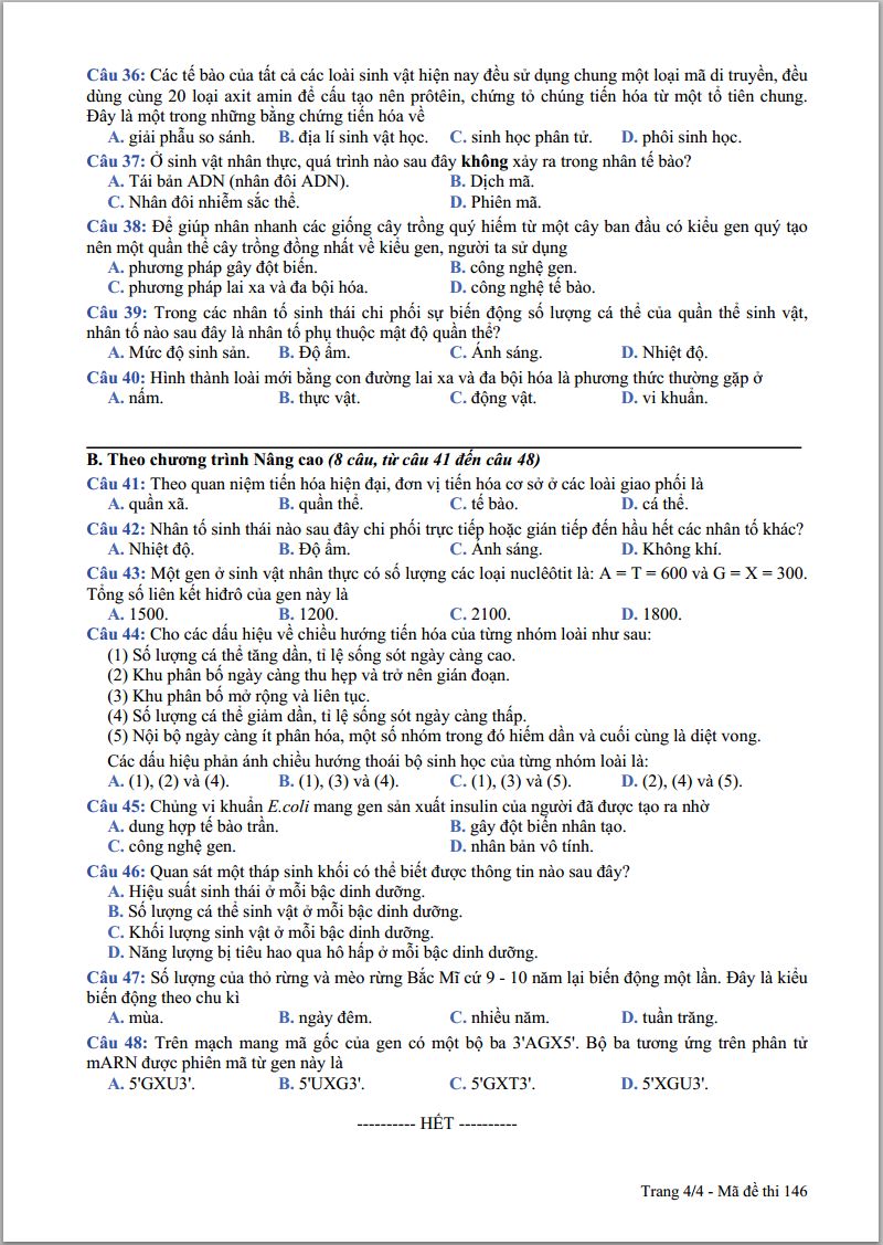 de thi tot nghiep thpt mon sinh hoc 2014