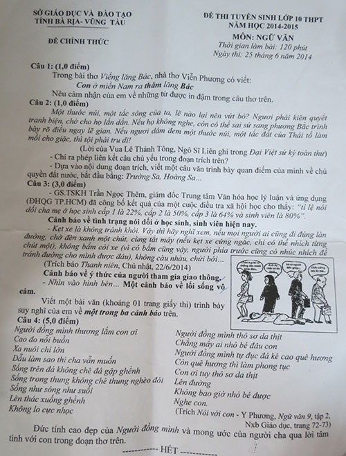 Độc đáo đề thi môn ngữ văn lớp 10 vũng tàu