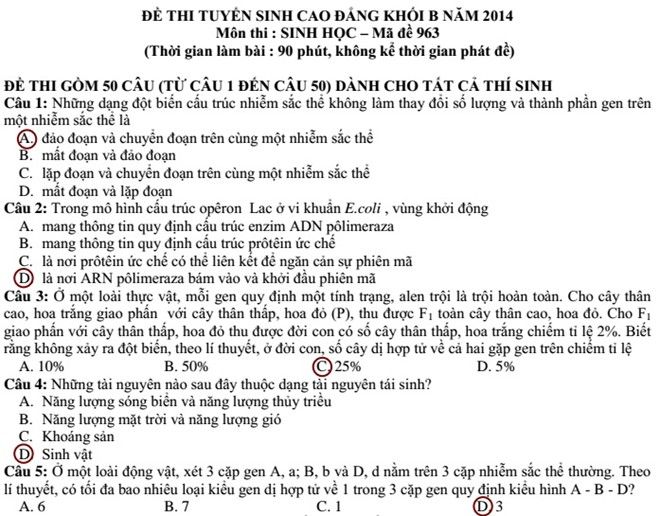 Đáp án đề thi cao đẳng môn Sinh khối B năm 2014