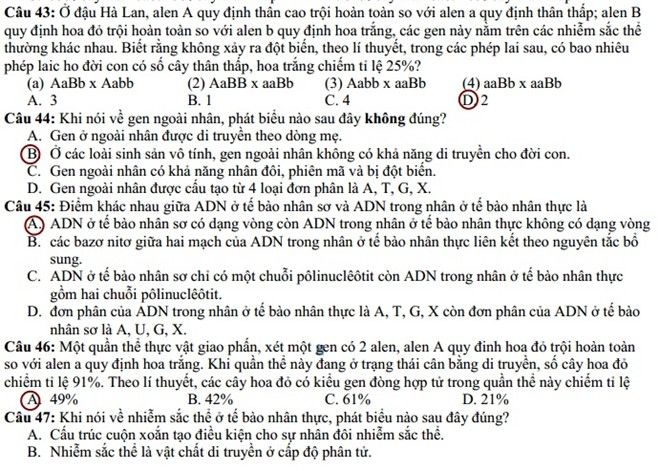 Đáp án đề thi cao đẳng môn Sinh khối B năm 2014