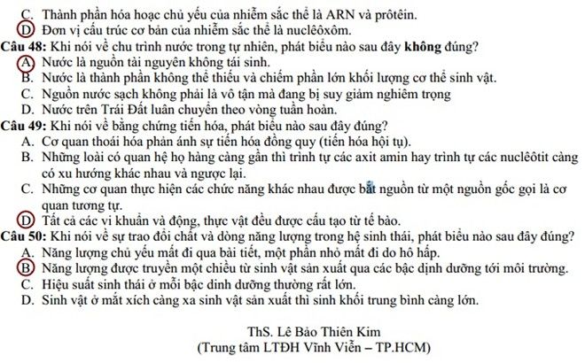 Đáp án đề thi cao đẳng môn Sinh khối B năm 2014