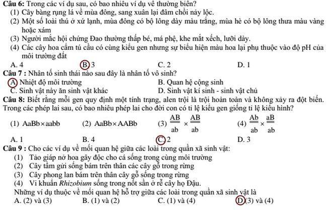 Đáp án đề thi cao đẳng môn Sinh khối B năm 2014