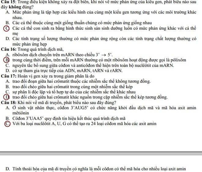 Đáp án đề thi cao đẳng môn Sinh khối B năm 2014