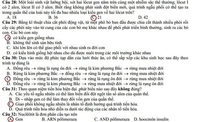 Đáp án đề thi cao đẳng môn Sinh khối B năm 2014