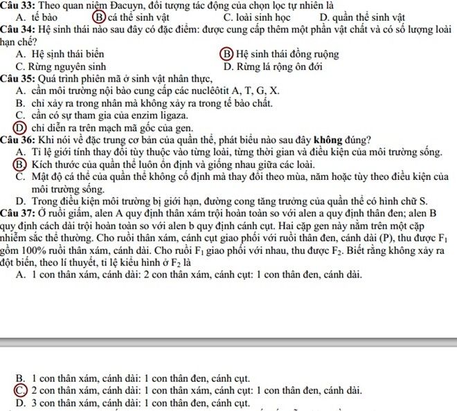 Đáp án đề thi cao đẳng môn Sinh khối B năm 2014