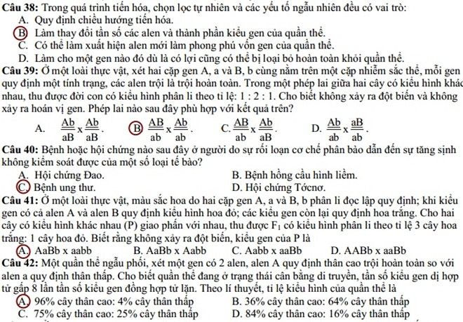 Đáp án đề thi cao đẳng môn Sinh khối B năm 2014