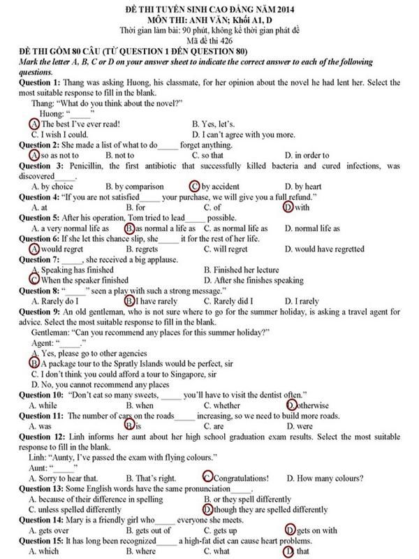 đáp án đề thi cao đẳng môn tiếng anh đáp án đề thi cao đẳng môn tiếng anh