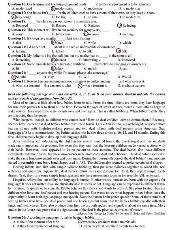 đáp án đề thi cao đẳng môn tiếng anh đáp án đề thi cao đẳng môn tiếng anh