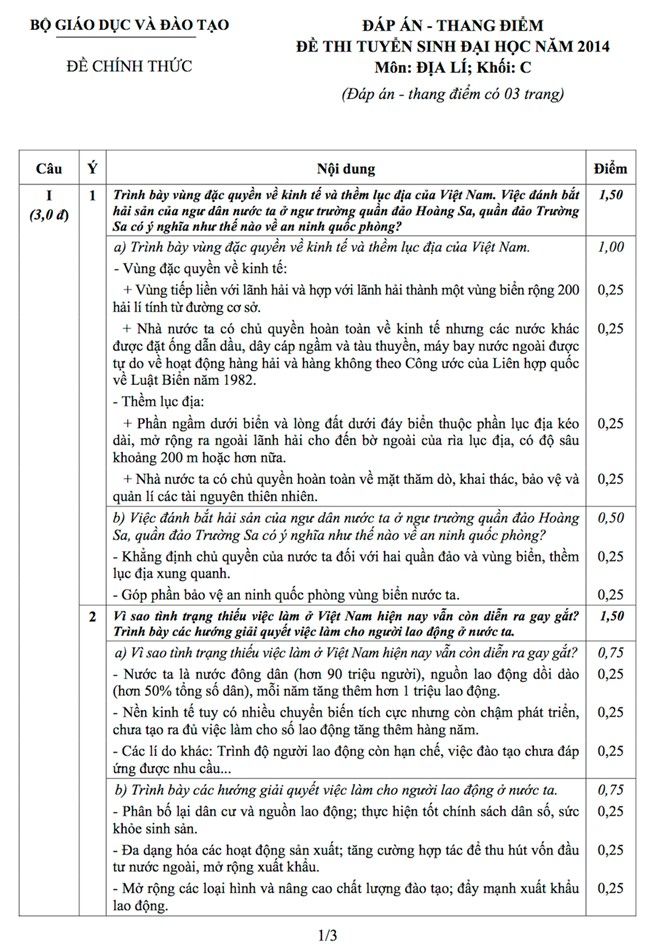 Đáp án chính thức đề thi đại học môn Địa lý khối C năm 2014
