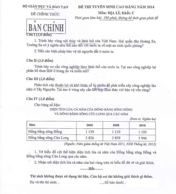 Đáp án đề thi cao đẳng môn Địa lý Khối C năm 2014