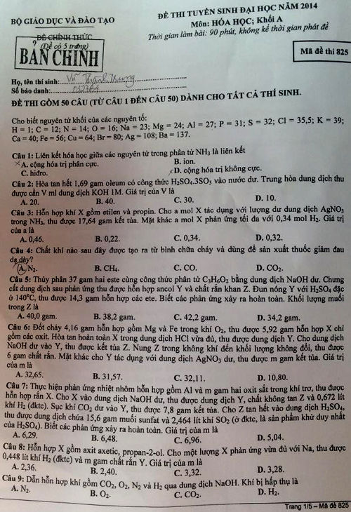 Đáp án đề thi đại học môn Hoá khối A mã đề 825 được cập nhật ngay tại Kênh Tuyển Sinh. Click để xem đáp án môn Hoá khối A mã đề 825 