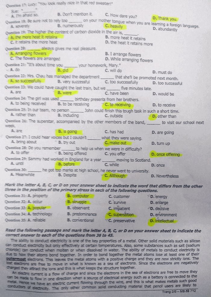 Đáp án đề thi đại học môn Anh khối A1 mã đề 712