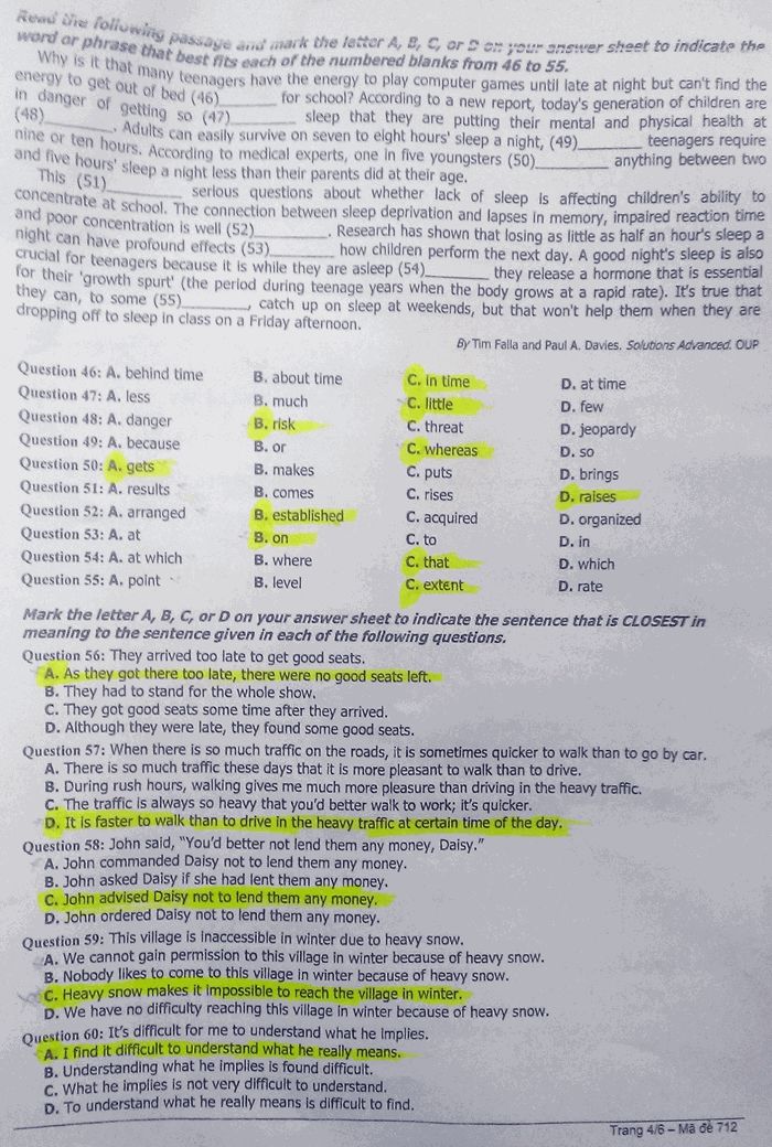 Đáp án đề thi đại học môn Anh khối A1 mã đề 712