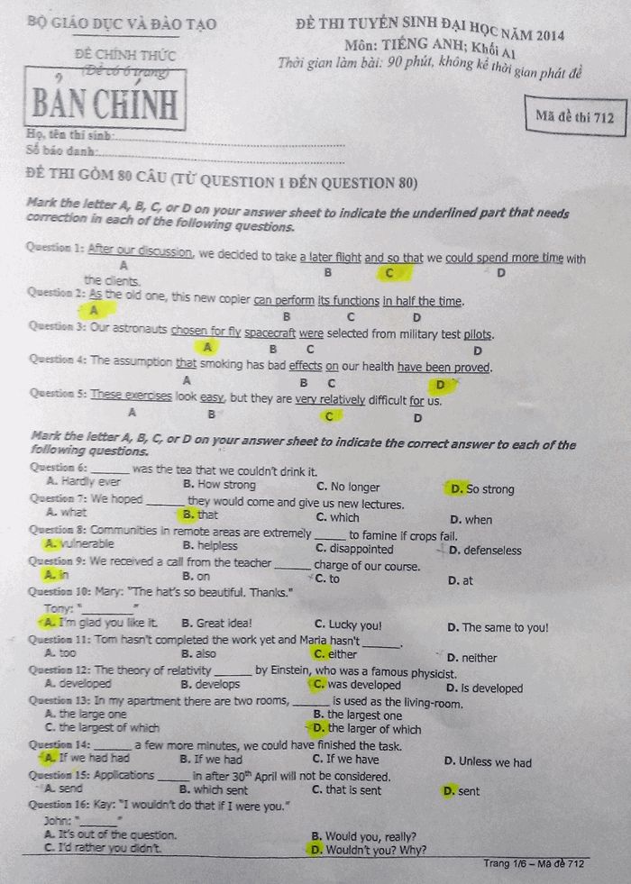 Đáp án đề thi đại học môn Anh khối A1 mã đề 712