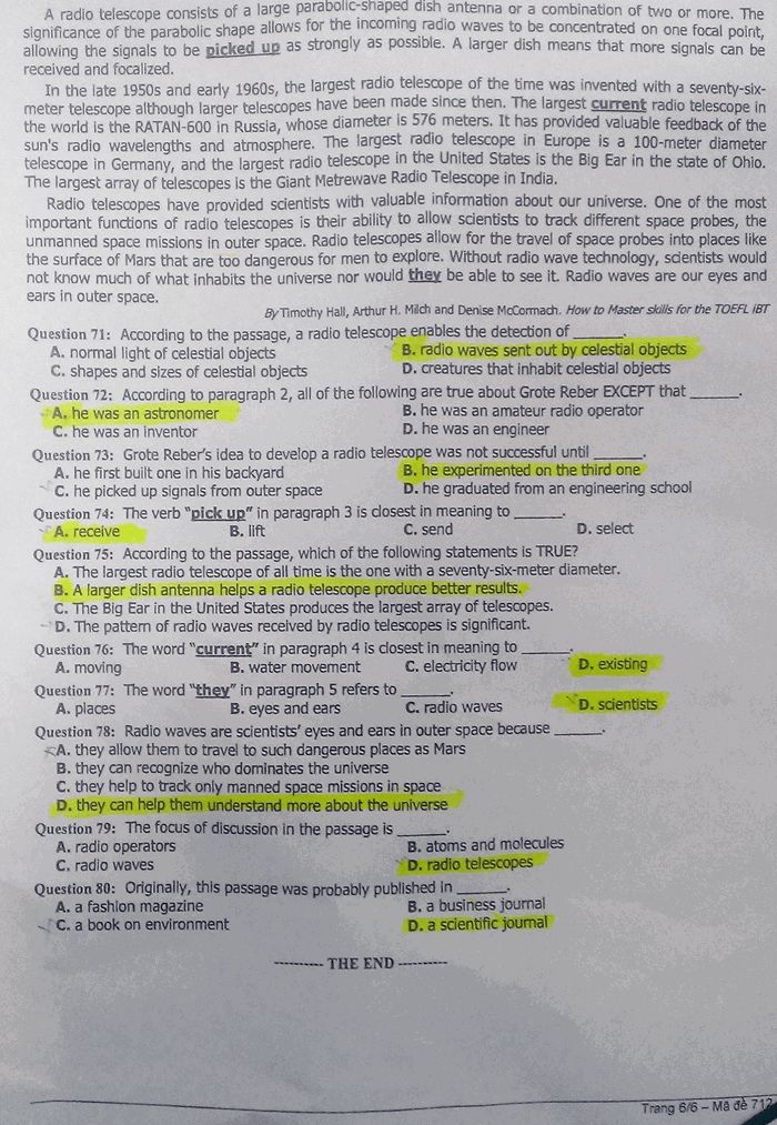 Đáp án đề thi đại học môn Anh khối A1 mã đề 712
