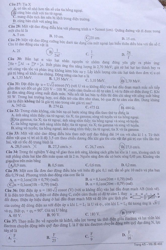 Đáp án đề thi môn Vật lý khối A năm 2014 mã đề 493