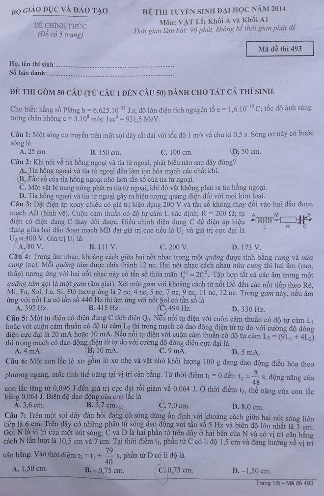 Đáp án đề thi môn Vật lý khối A năm 2014 mã đề 493