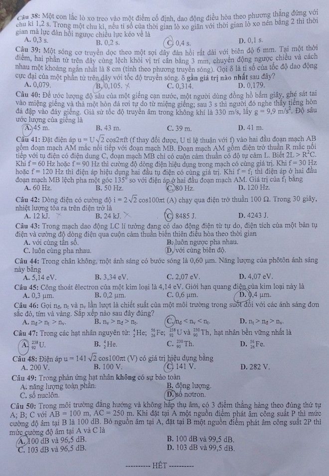 Đáp án đề thi môn Vật lý khối A năm 2014 mã đề 493