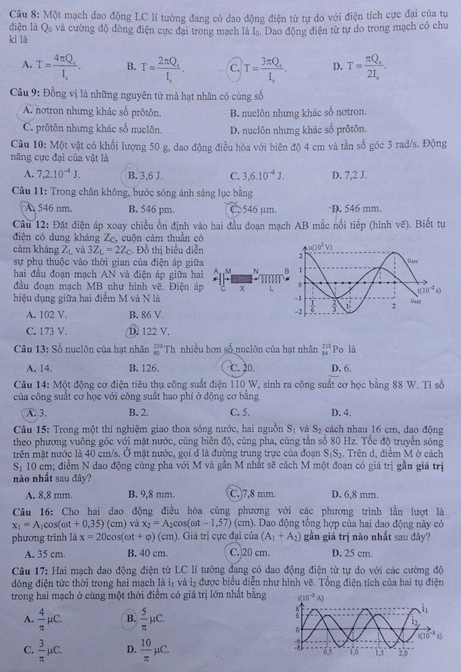 Đáp án đề thi môn Vật lý khối A năm 2014 mã đề 493