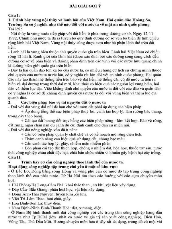 Đáp án cao đẳng địa 2014