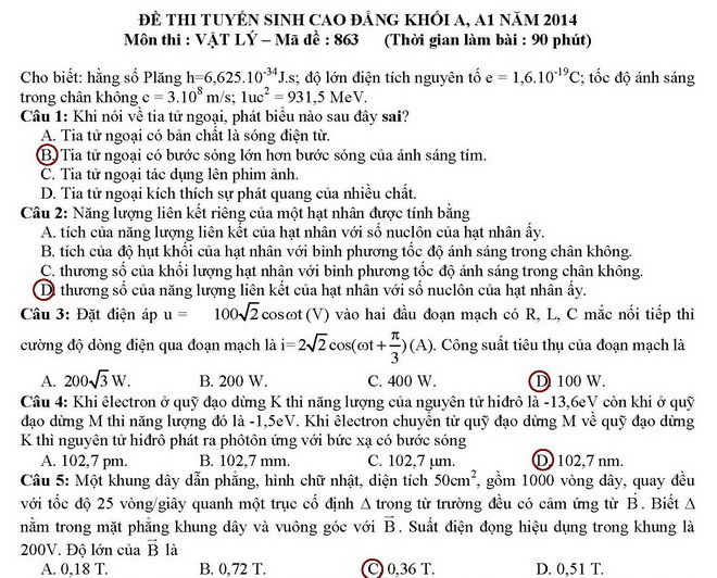 Đáp án đề thi cao đẳng môn Vật lý khối A, A1 năm 2014 Đáp án đề thi cao đẳng môn Vật lý khối A, A1 năm 2014