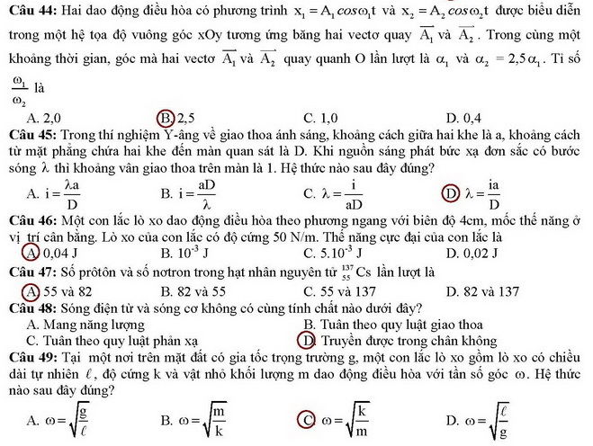 Đáp án đề thi cao đẳng môn Vật lý khối A, A1 năm 2014 Đáp án đề thi cao đẳng môn Vật lý khối A, A1 năm 2014