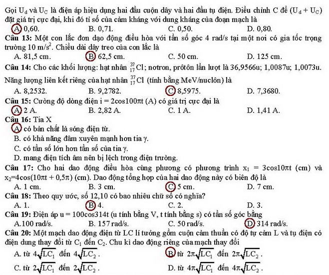 Đáp án đề thi cao đẳng môn Vật lý khối A, A1 năm 2014 Đáp án đề thi cao đẳng môn Vật lý khối A, A1 năm 2014