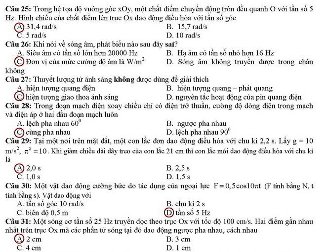 Đáp án đề thi cao đẳng môn Vật lý khối A, A1 năm 2014 Đáp án đề thi cao đẳng môn Vật lý khối A, A1 năm 2014