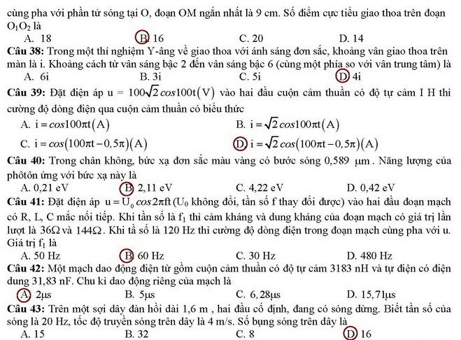 Đáp án đề thi cao đẳng môn Vật lý khối A, A1 năm 2014 Đáp án đề thi cao đẳng môn Vật lý khối A, A1 năm 2014