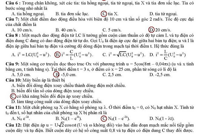 Đáp án đề thi cao đẳng môn Vật lý khối A, A1 năm 2014 Đáp án đề thi cao đẳng môn Vật lý khối A, A1 năm 2014