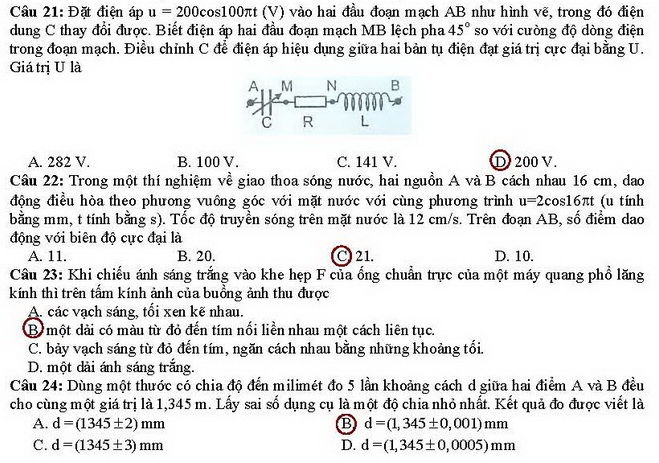 Đáp án đề thi cao đẳng môn Vật lý khối A, A1 năm 2014 Đáp án đề thi cao đẳng môn Vật lý khối A, A1 năm 2014