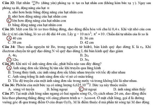 Đáp án đề thi cao đẳng môn Vật lý khối A, A1 năm 2014 Đáp án đề thi cao đẳng môn Vật lý khối A, A1 năm 2014