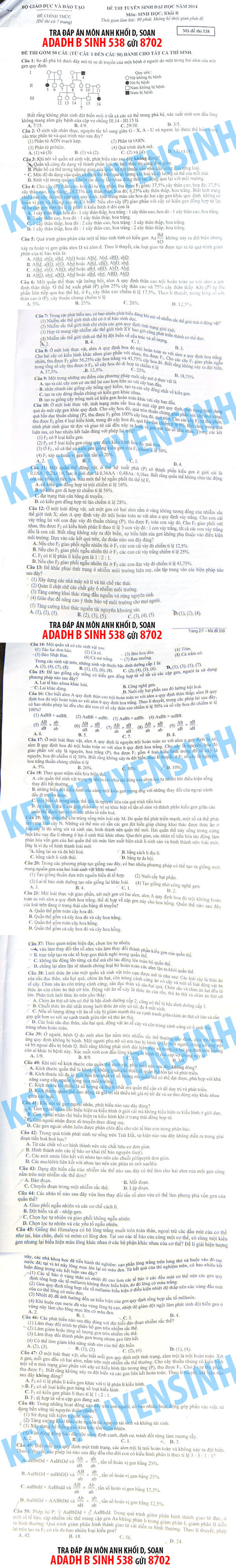 Đề thi môn sinh mã đề 538